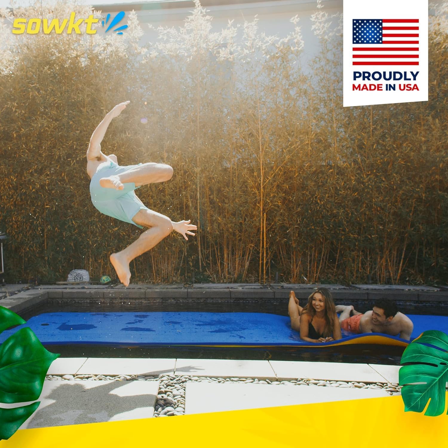 SOWKT Lily Pad Floating Mat (18 x 6 ft) - Made in USA - Premium Floating Water Mat for The Lake and Boating - Giant Floating Water Pad for Lakes | Lilly Pad Floating Water Dock (Blue/Yellow)
