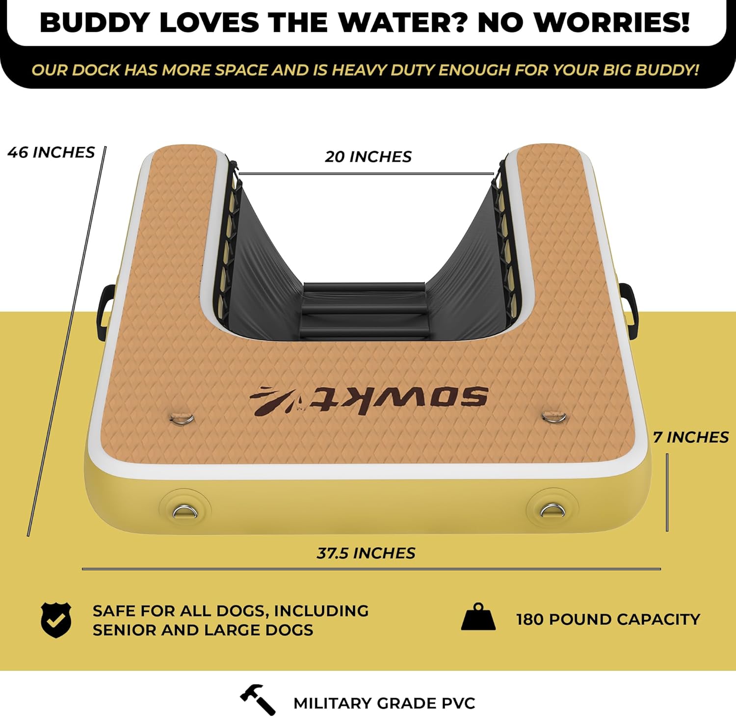 Large Inflatable Dog Water Ramp - Safe and Easy Access for Dogs up to 165 lbs - Floating Ramp Ladder for Pools, Boats & Docks - Non-Slip EVA Foam Dog Platform, High Visibility, Military-Grade PVC