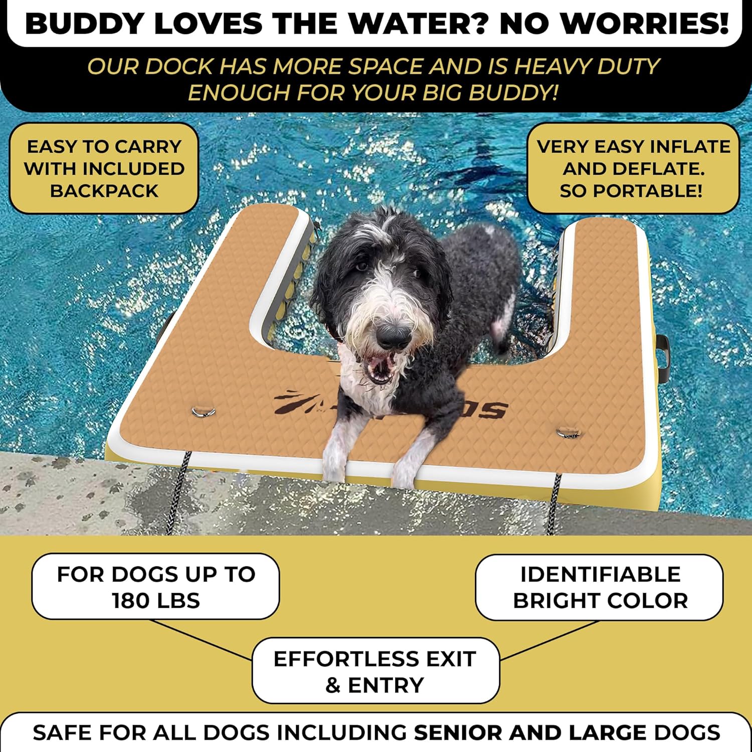 Large Inflatable Dog Water Ramp - Safe and Easy Access for Dogs up to 165 lbs - Floating Ramp Ladder for Pools, Boats & Docks - Non-Slip EVA Foam Dog Platform, High Visibility, Military-Grade PVC